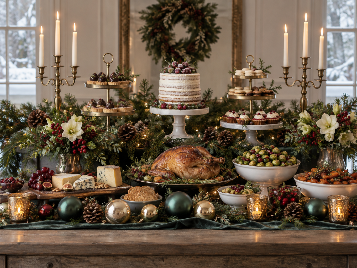 Christmas buffet table with layered heights, garland edge and stacked serving pieces