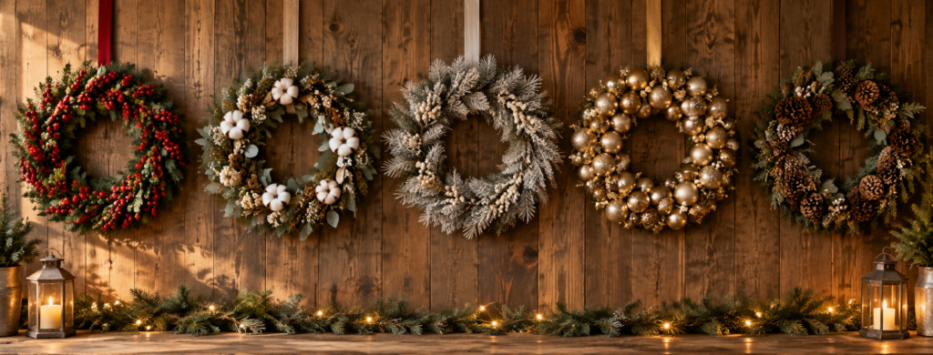 Five artificial Christmas wreath styles from classic red berry to modern minimal