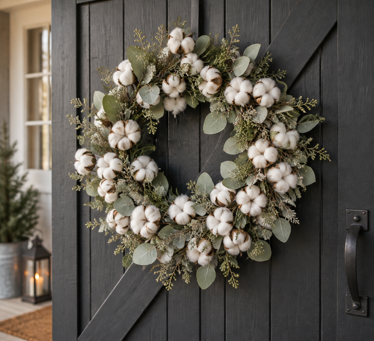 Cotton boll and eucalyptus wreath on a black barn door