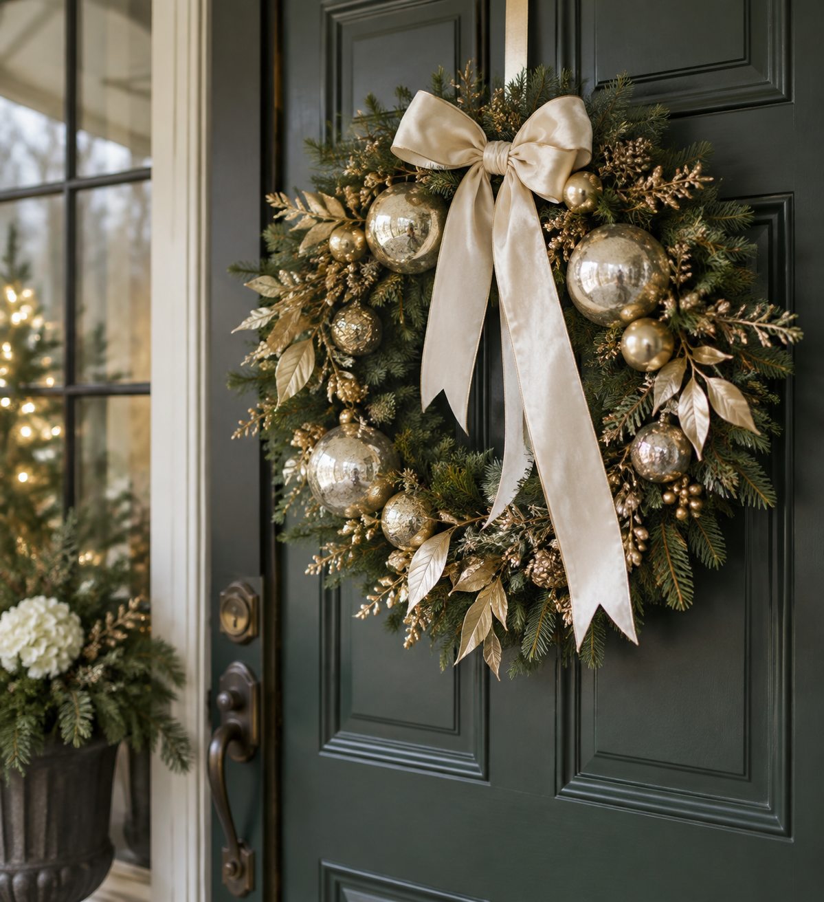 Gold and mercury glass Christmas wreath on a dark green door