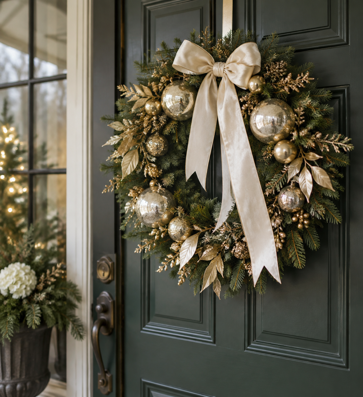 Gold and mercury glass Christmas wreath on a dark green door