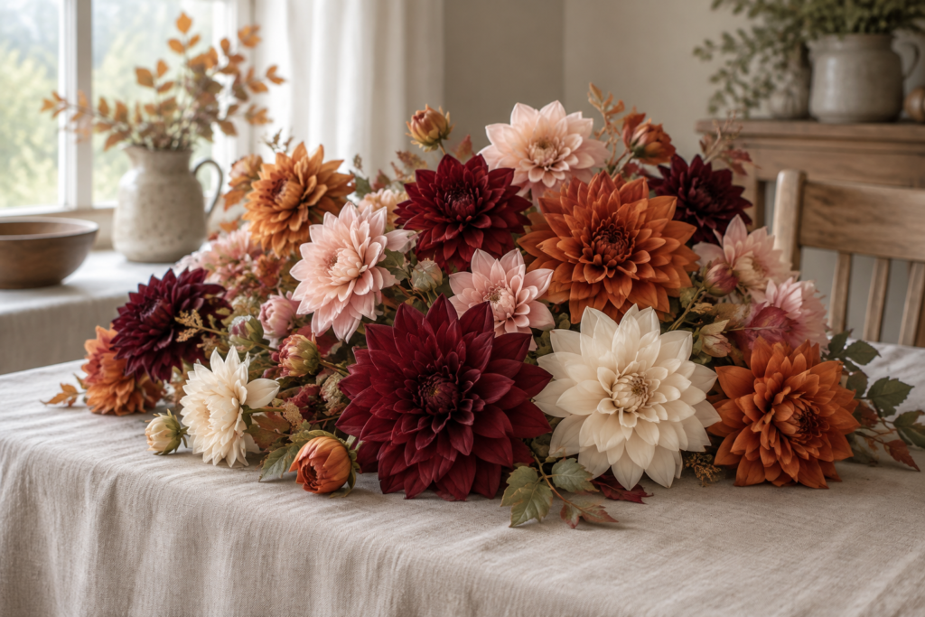 Artificial silk dahlias in burgundy, orange, blush and cream on a linen table