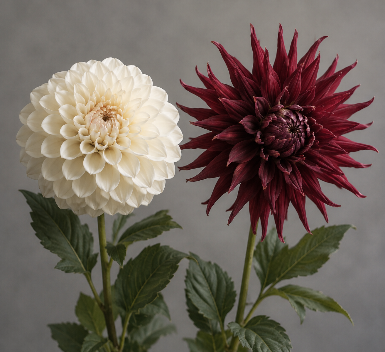 Ball-form and cactus-form artificial dahlias side by side on a gray backdrop