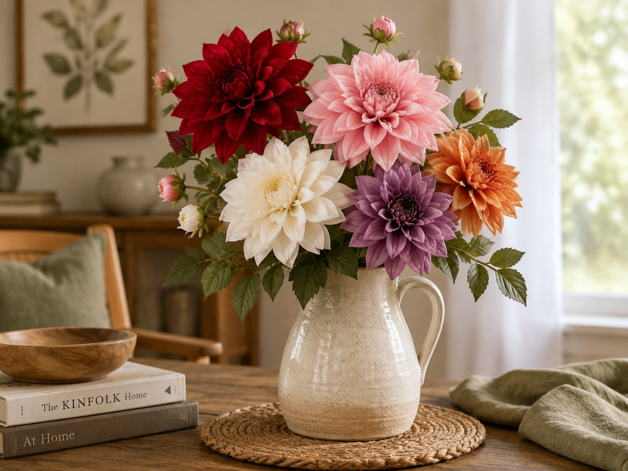 Artificial dahlias in red, pink, white, purple and orange, each color a different meaning