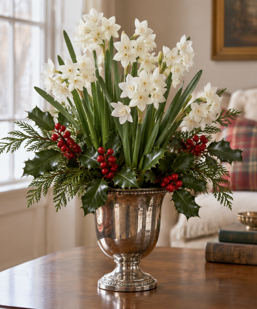 Artificial paperwhite narcissus and holly in a silver vase