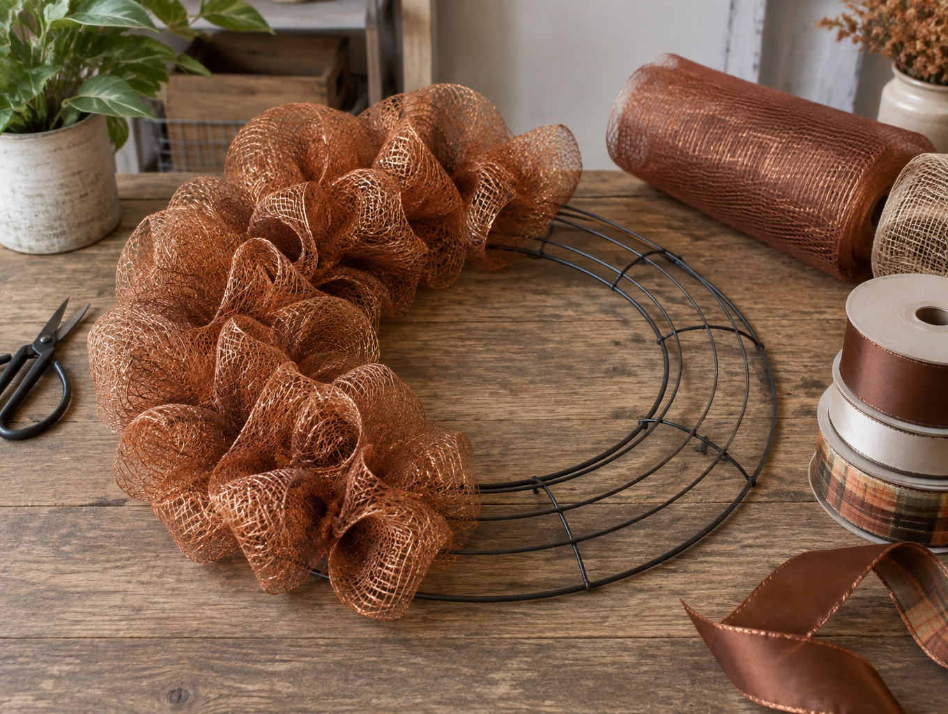 Deco mesh wreath mid-build on a wire work frame, half the ring carrying ruffled mesh curls, with spare mesh rolls and ribbon beside