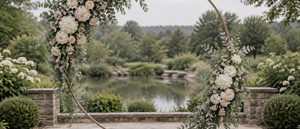 Circular wedding arch frame decorated with artificial flower clusters and greenery