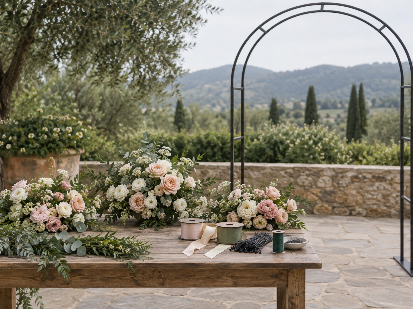 Flower clusters and greenery sprays staged on a table beside an undecorated arch frame