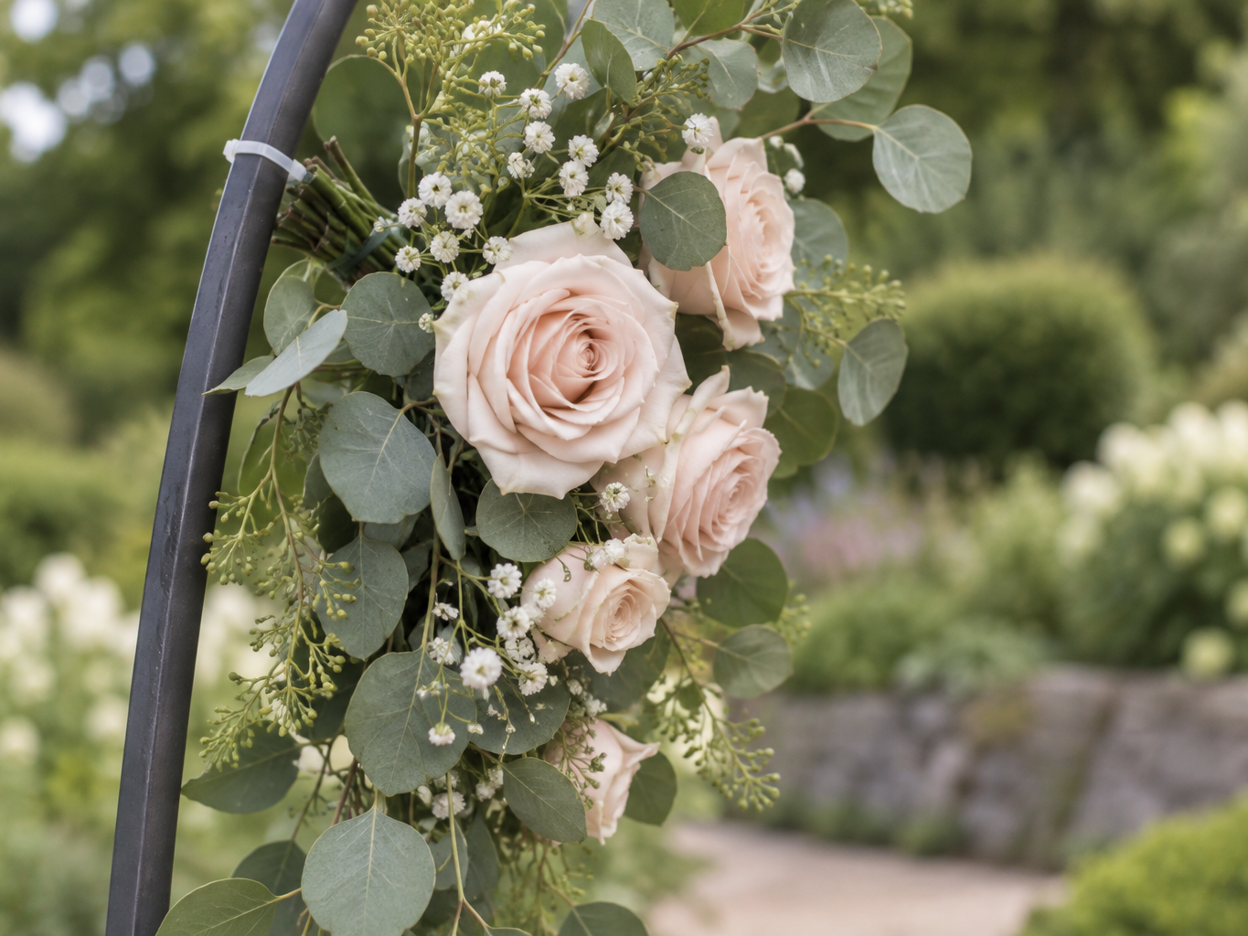 Hands attaching a wired flower cluster to an arch frame edge with zip ties