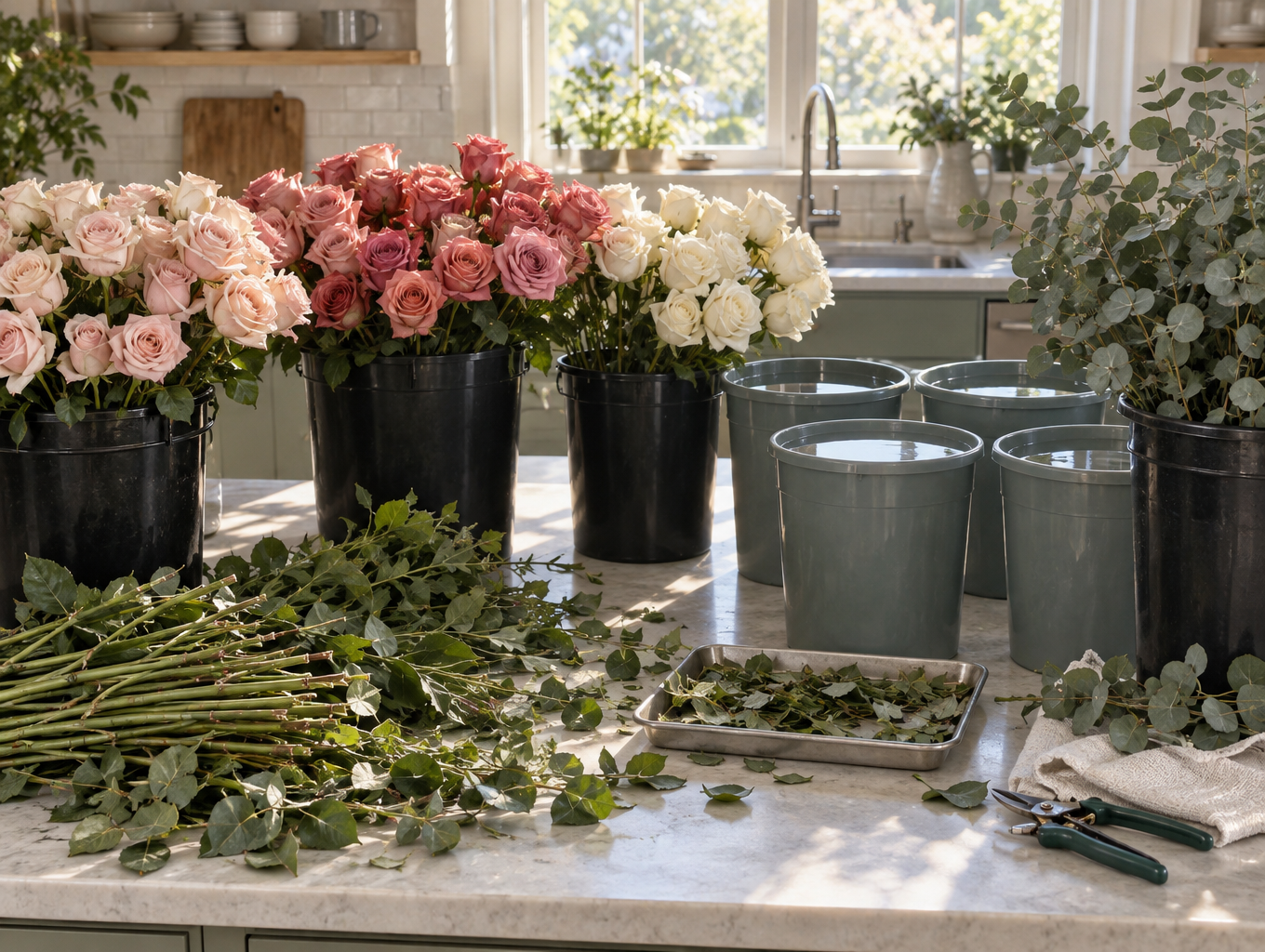 Hands assembling a silk bouquet with wire cutters and ribbon on a work table