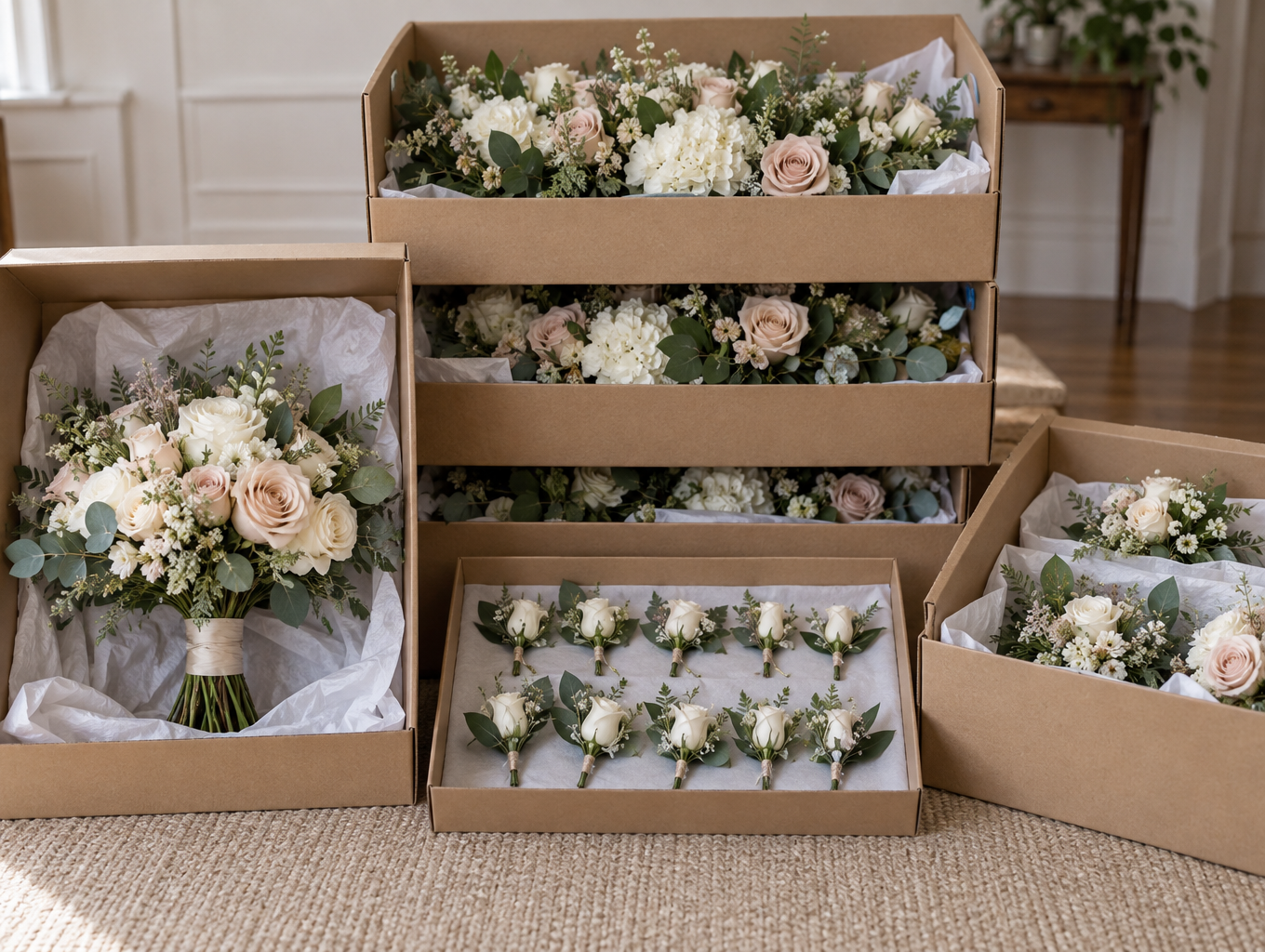 Stacked flat boxes of finished DIY wedding table pieces ready for transport