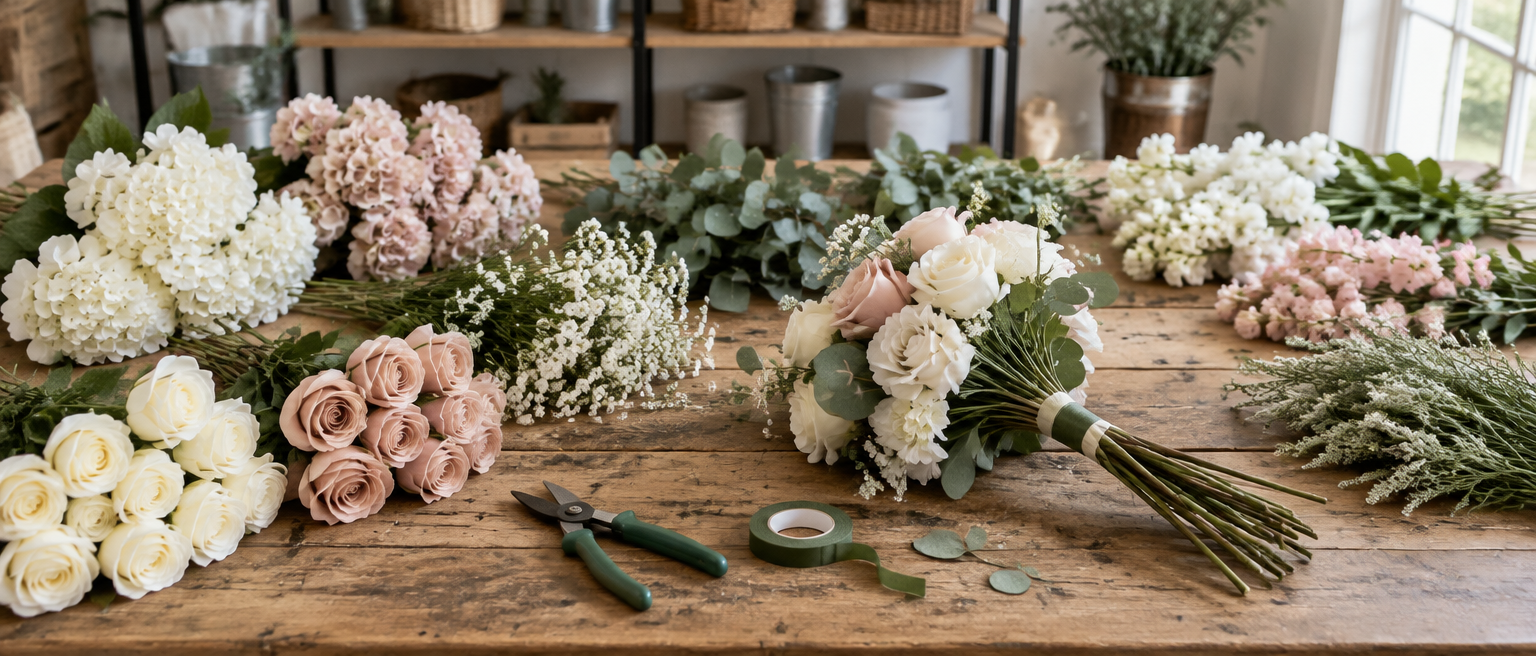 Flat lay of silk wedding flower stems tools and ribbon on a work table ready for assembly