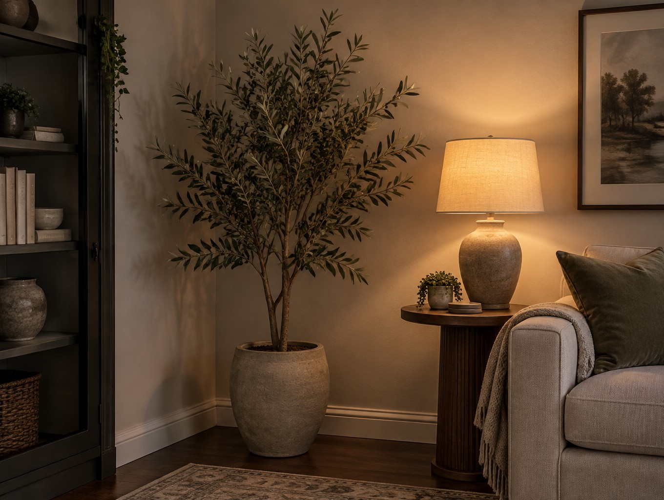An artificial olive tree standing in a dim corner beside a lamp where live plants failed