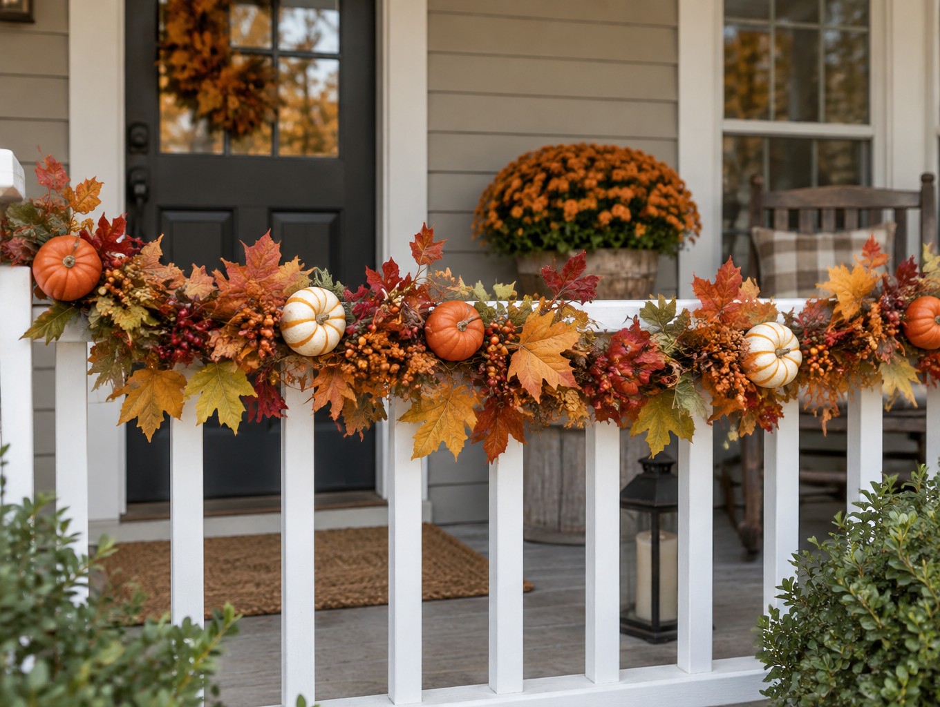 A garland wired along a porch rail with fall leaves, berries and mini pumpkins