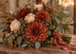 Fall bridal bouquet of rust and burgundy artificial dahlias with eucalyptus