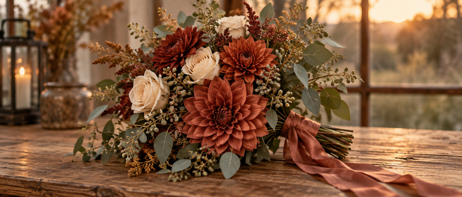 Fall bridal bouquet of rust and burgundy artificial dahlias with eucalyptus