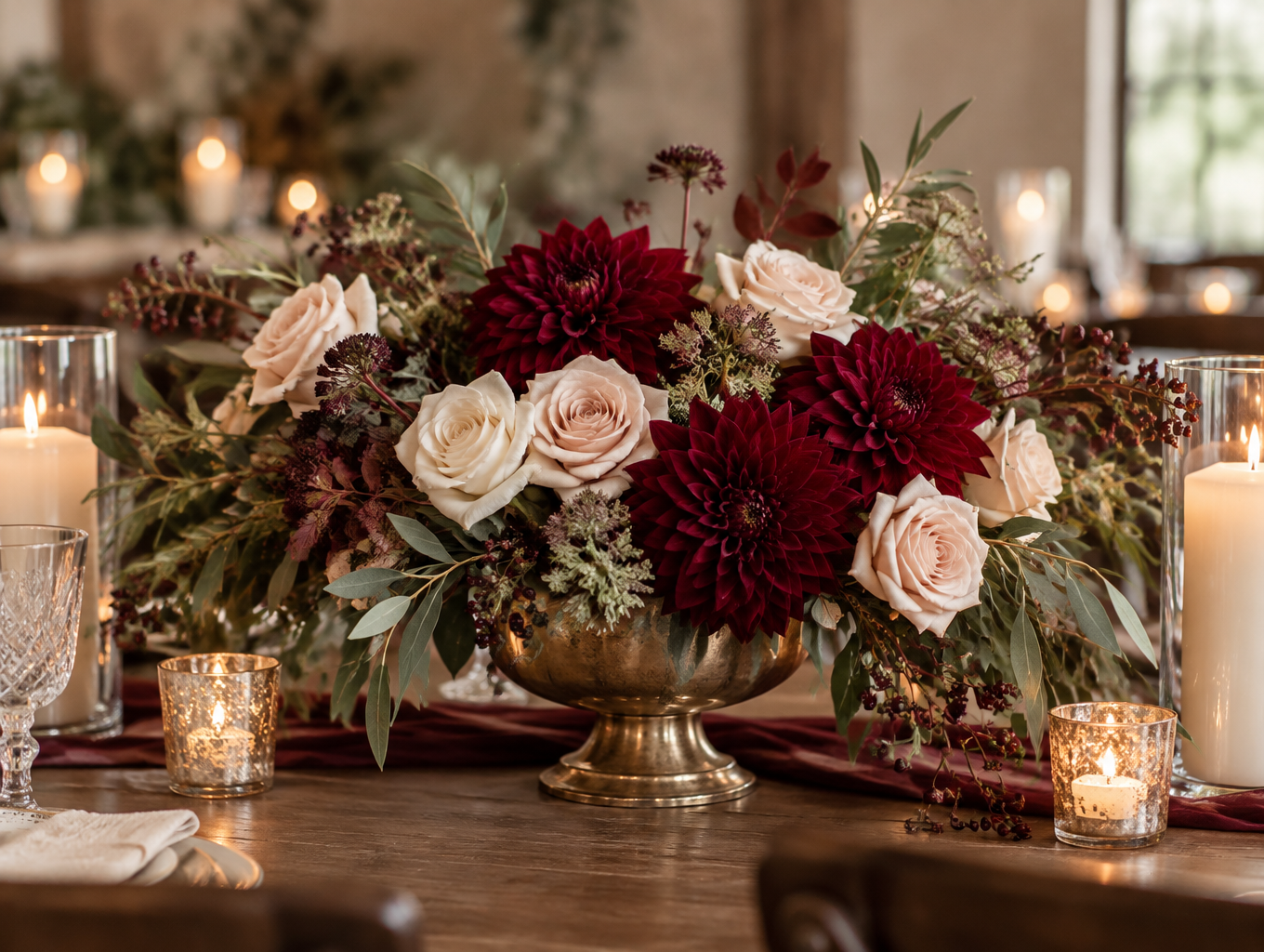 Burgundy and cream fall wedding centerpiece in a brass container
