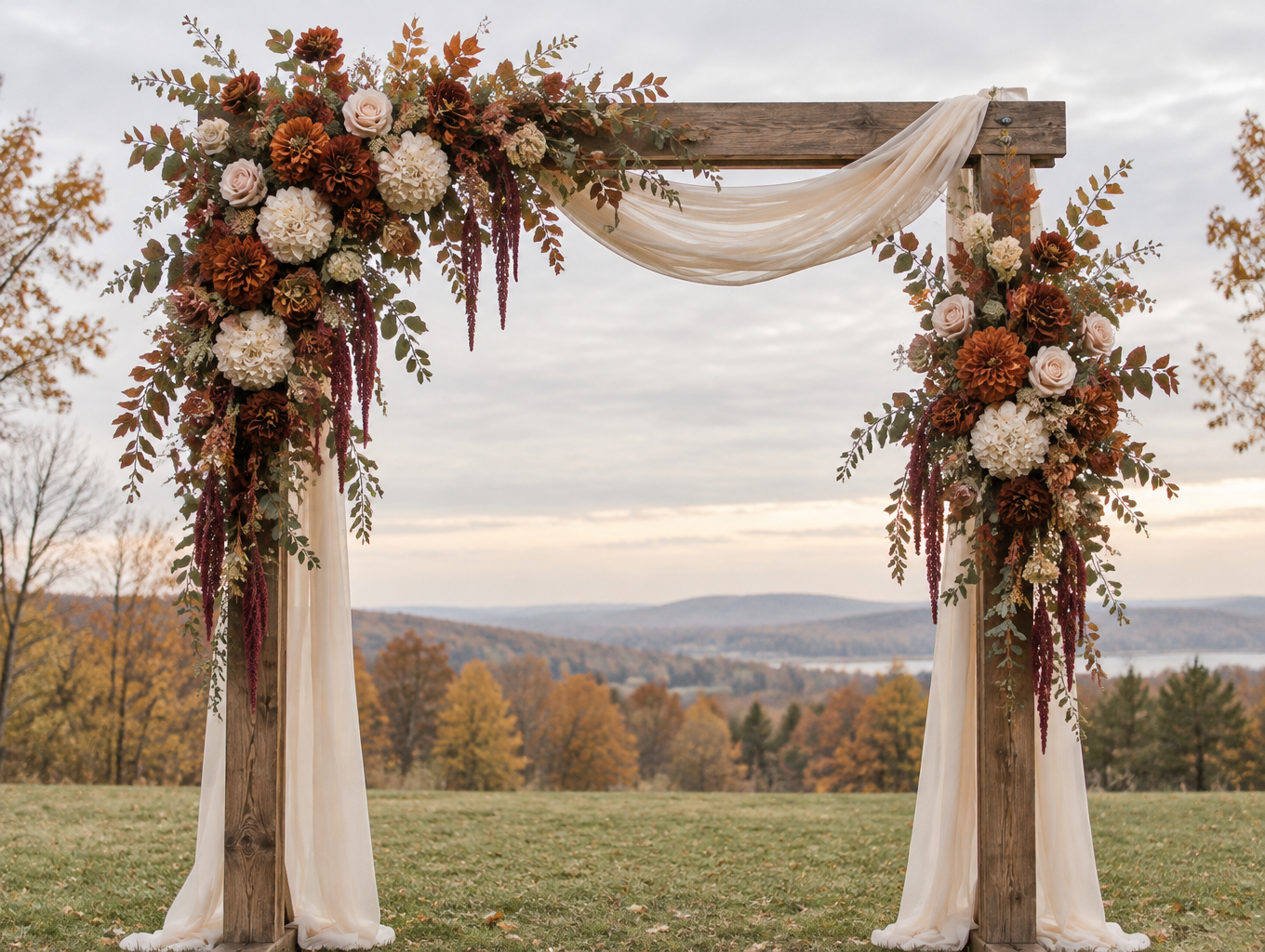 Wedding arch with rust, terracotta and cream artificial flower clusters