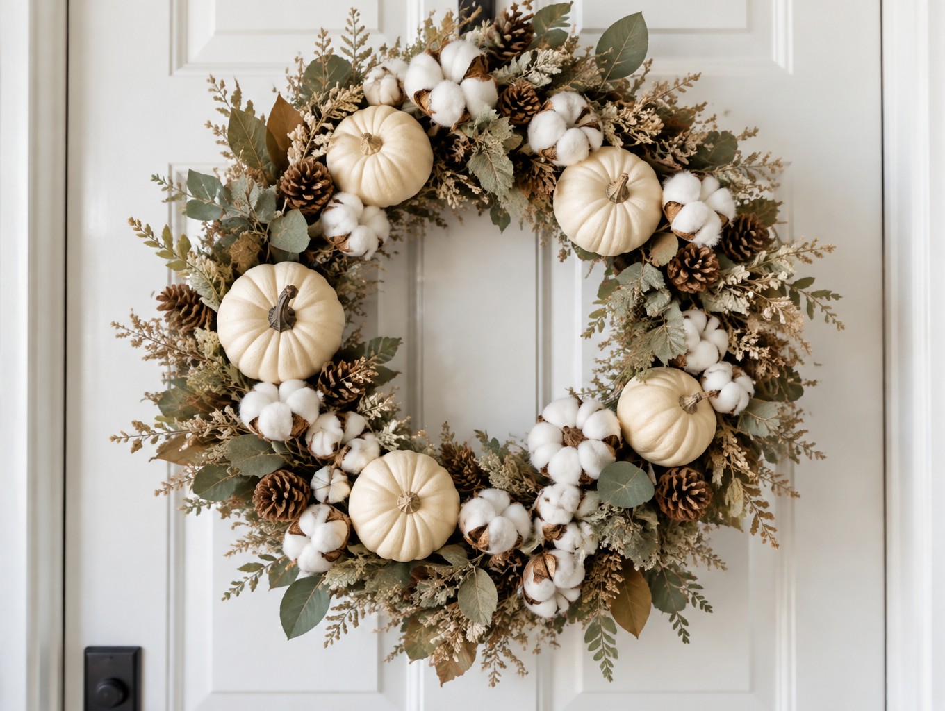 Cream pumpkin and cotton fall wreath on a white door
