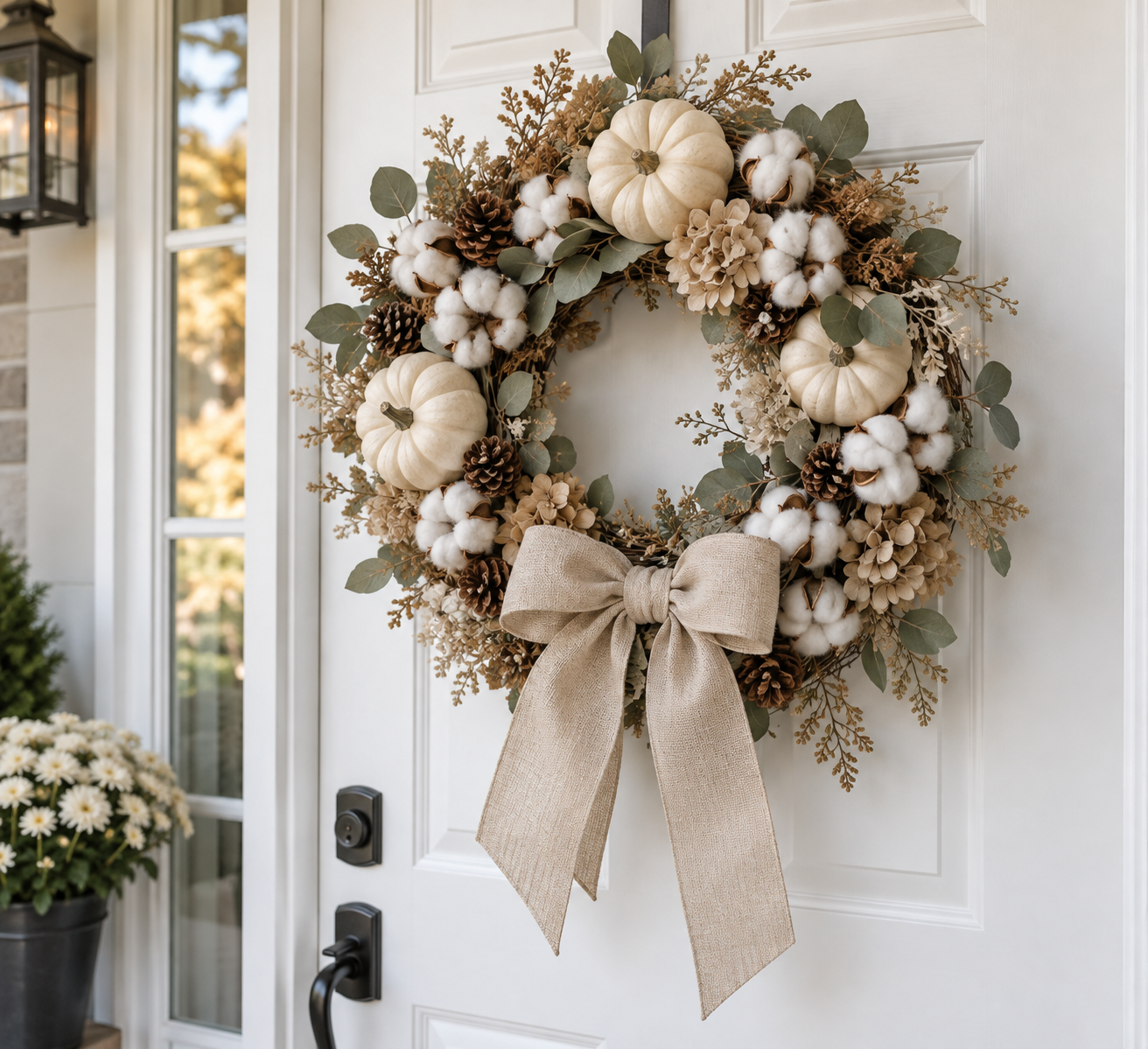 Cream pumpkin and cotton fall wreath on a white door