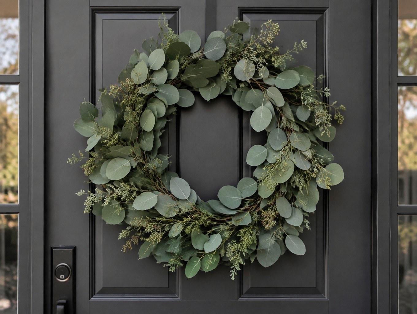 Minimal eucalyptus fall wreath on a charcoal door