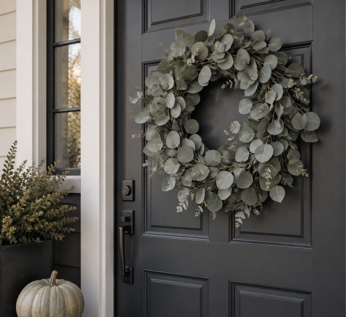 Minimal eucalyptus fall wreath on a charcoal door