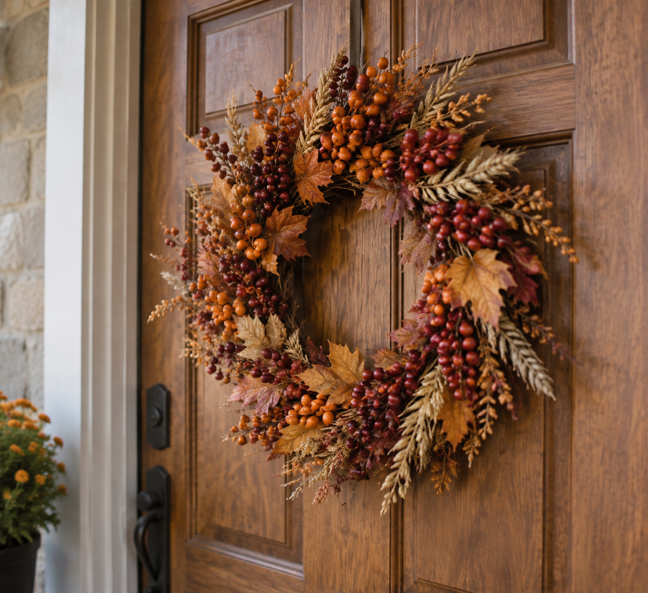 Fall berry and wheat wreath on a wooden front door