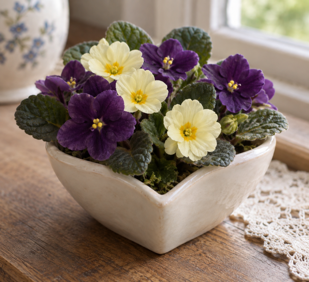 Artificial purple violets and cream primroses in a heart-shaped dish