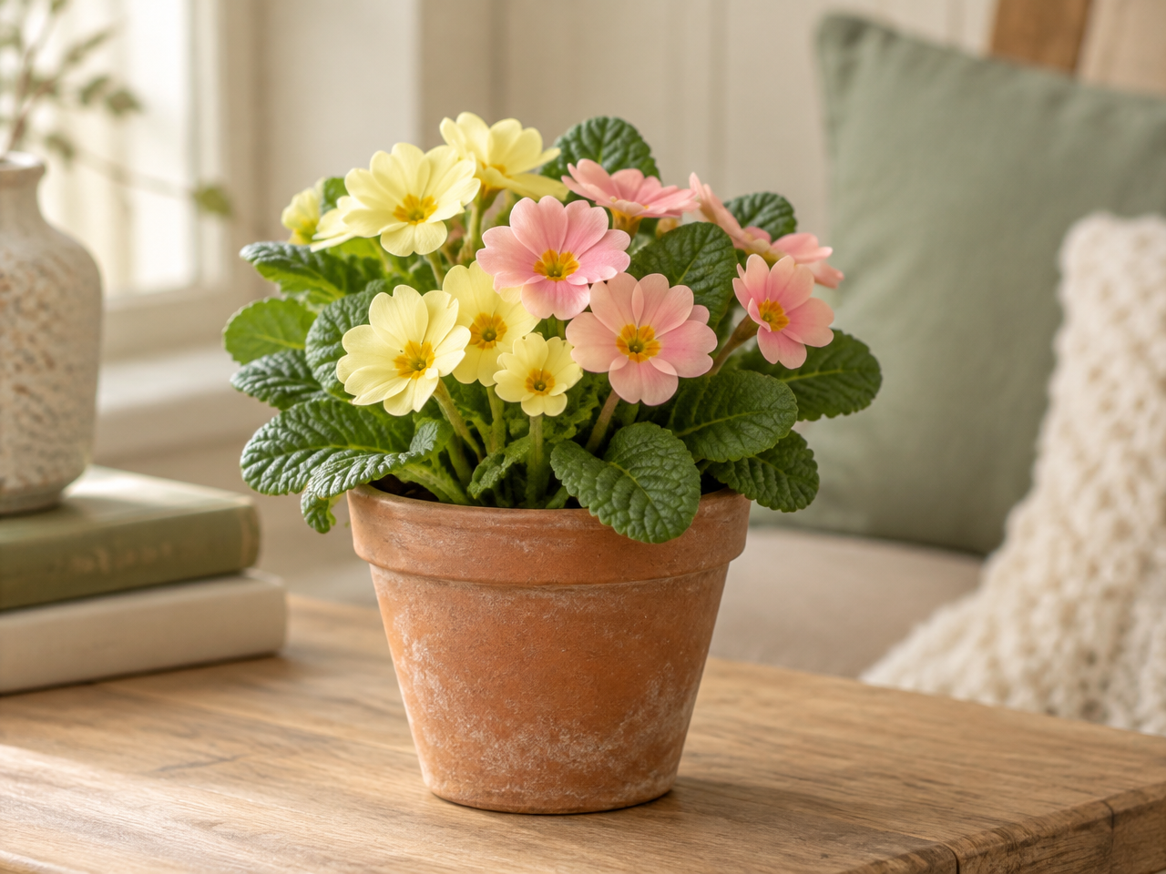 Soft yellow and pink primroses in a small terracotta pot, the secondary February birth flower