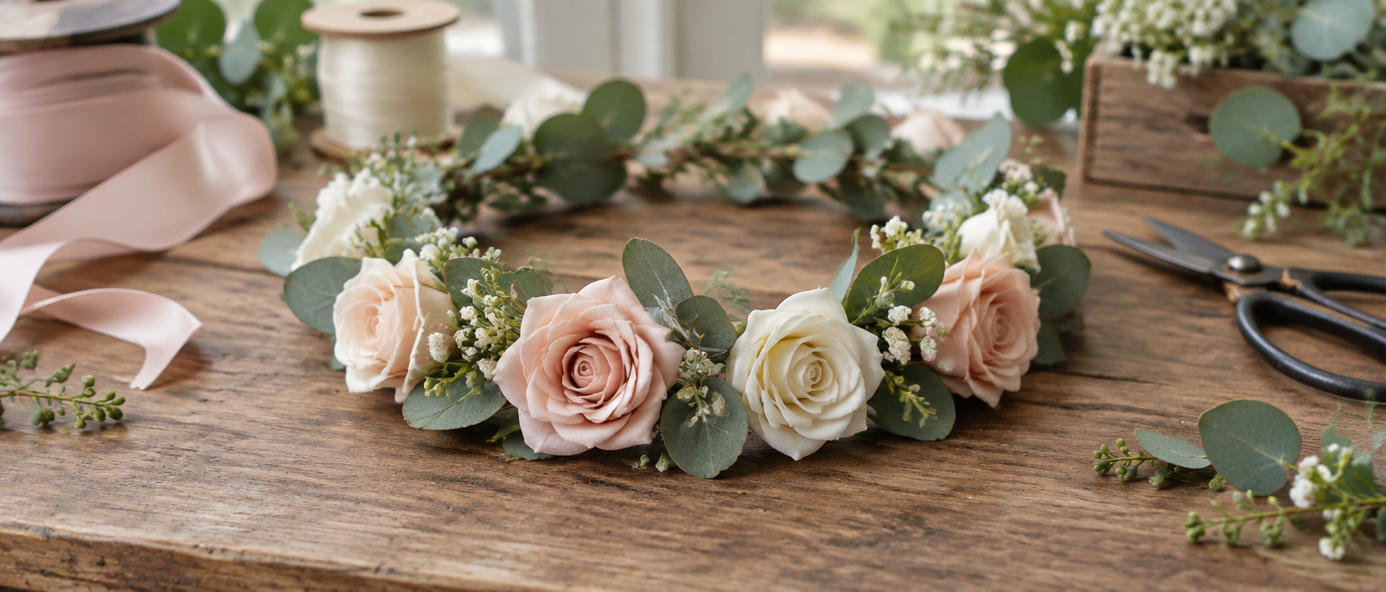Finished flower crown of blush and cream artificial flowers on a wooden worktable