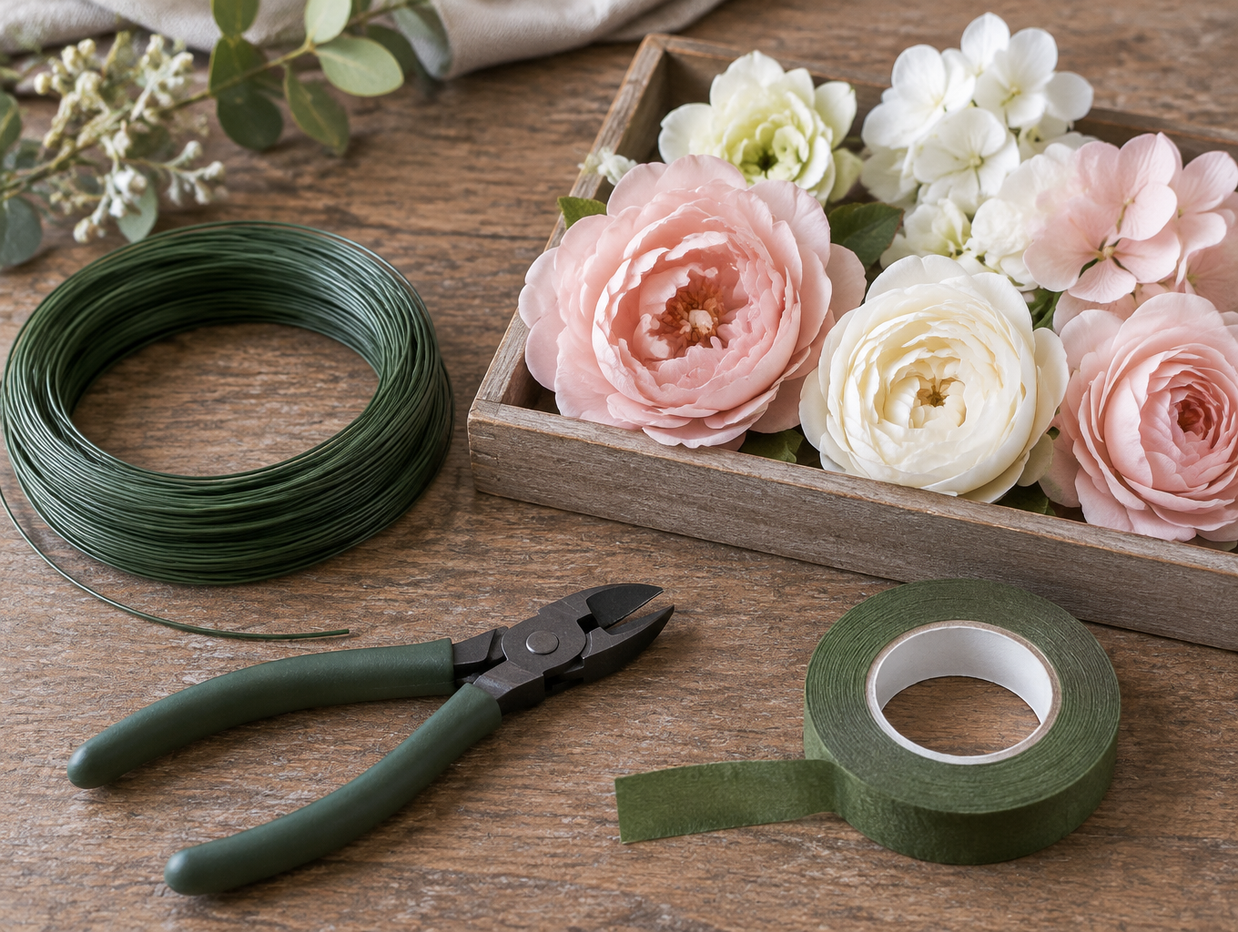 Craft materials laid out: floral wire, wire cutters, floral tape and loose artificial flower heads