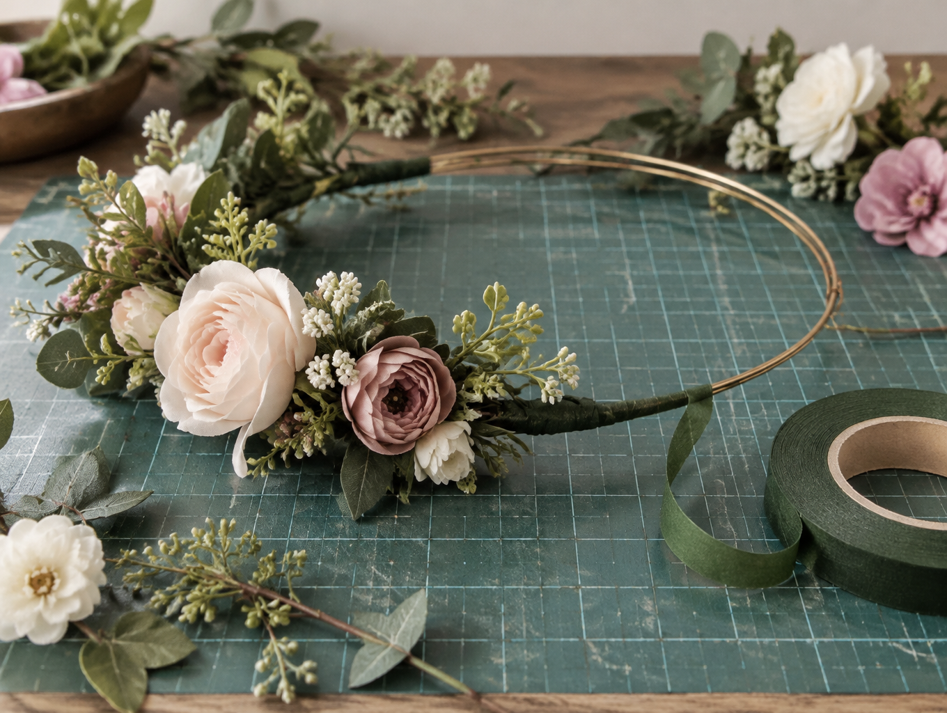Hands taping artificial flower stems onto a wire crown base with floral tape