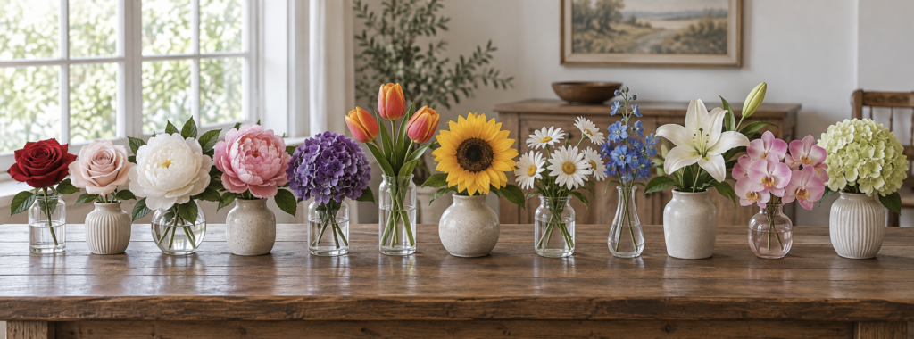 Twelve different artificial silk flower types in a row across a wooden table