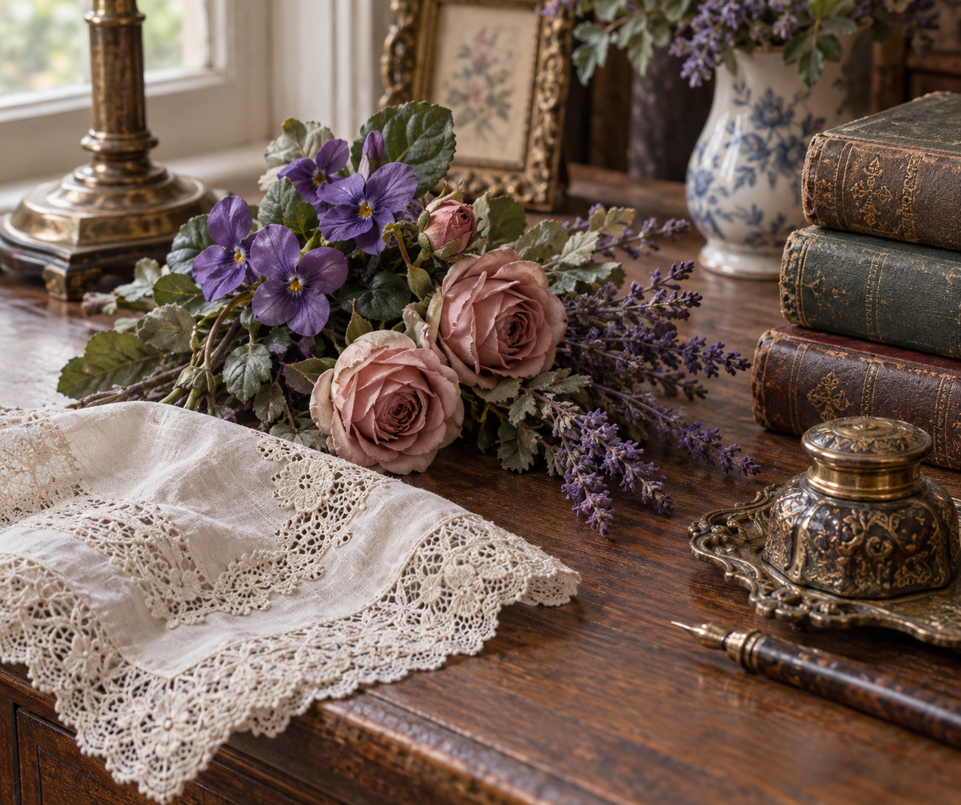 Victorian-style flat lay of artificial violets, roses and lavender with lace