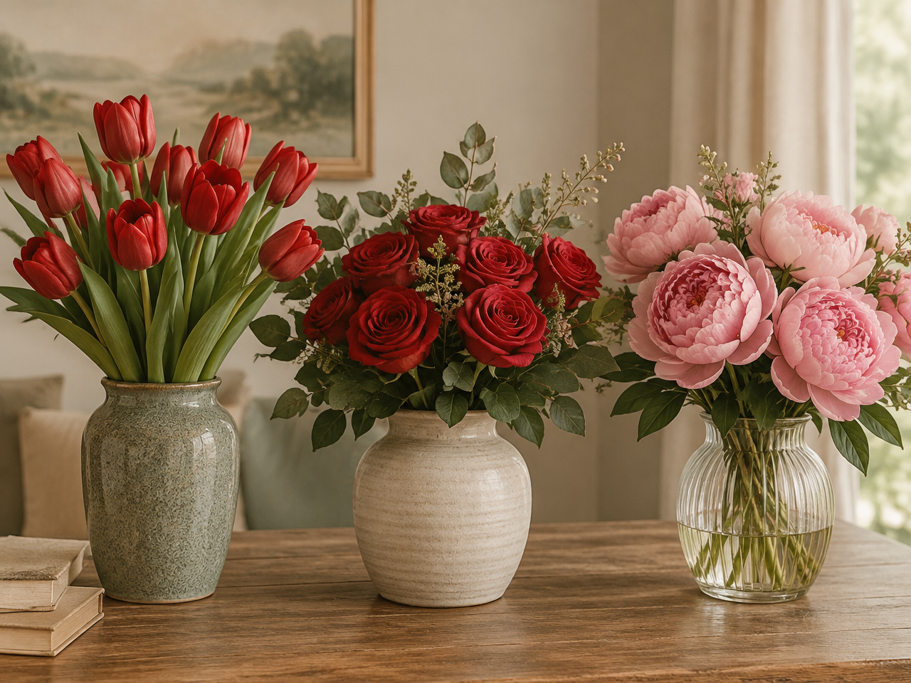 Red tulips, red roses and pink peonies in three separate vases, what to send by the situation