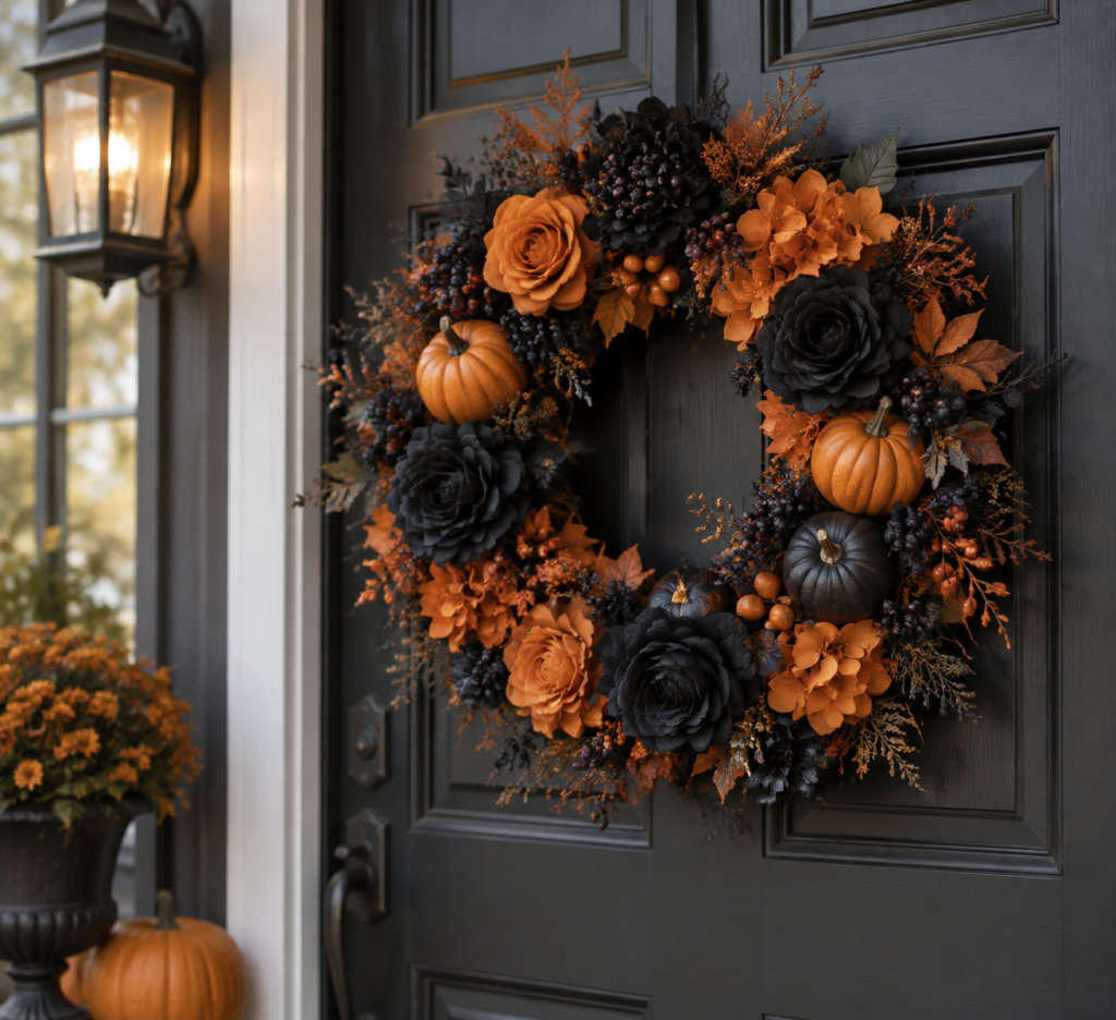 Black and orange Halloween wreath on a dark door