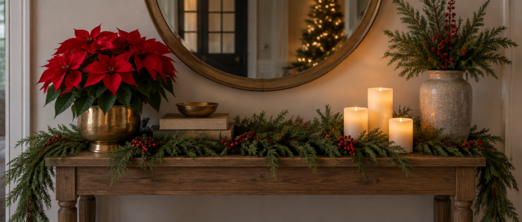 Holiday flowers staging on a console table with red poinsettias, garland and candlelight