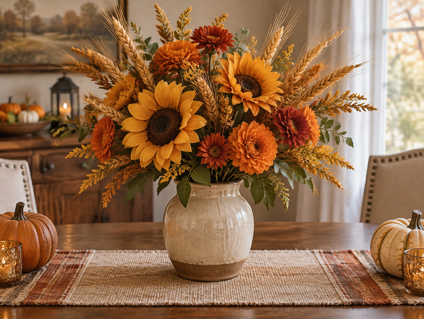 Thanksgiving arrangement of artificial sunflowers and marigolds in a ceramic vase