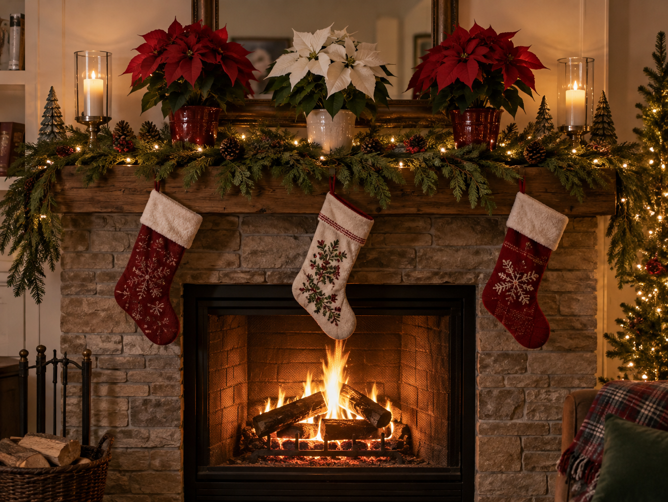 Christmas mantel with artificial poinsettias and cedar garland