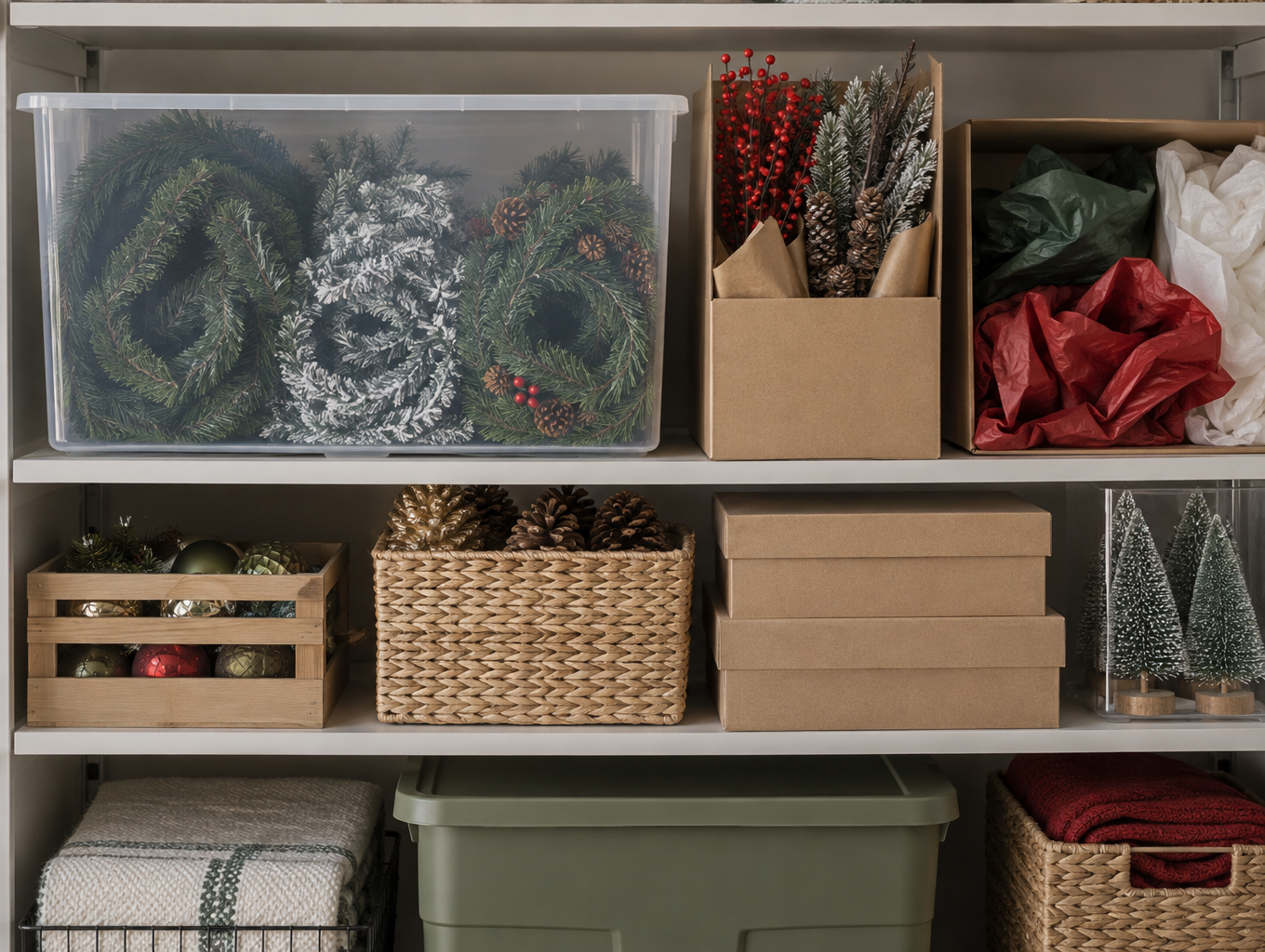 Storage bin with flattened artificial garlands and boxed holiday stems ready for reuse
