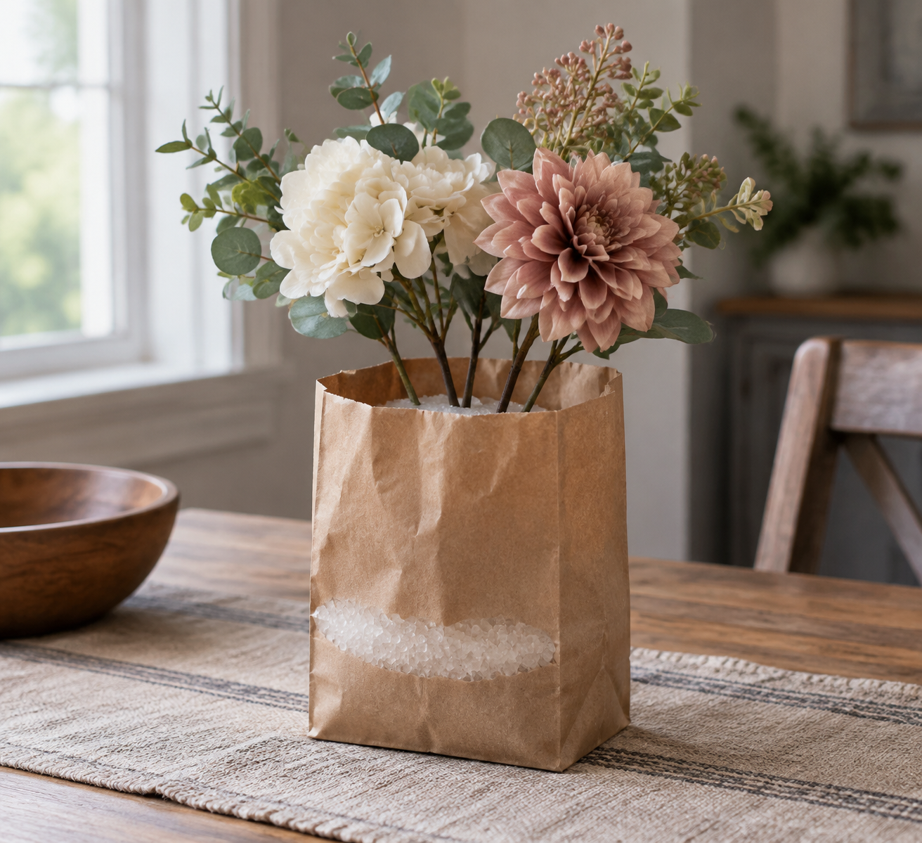 Salt-bag cleaning method with artificial stems in a paper bag of coarse salt