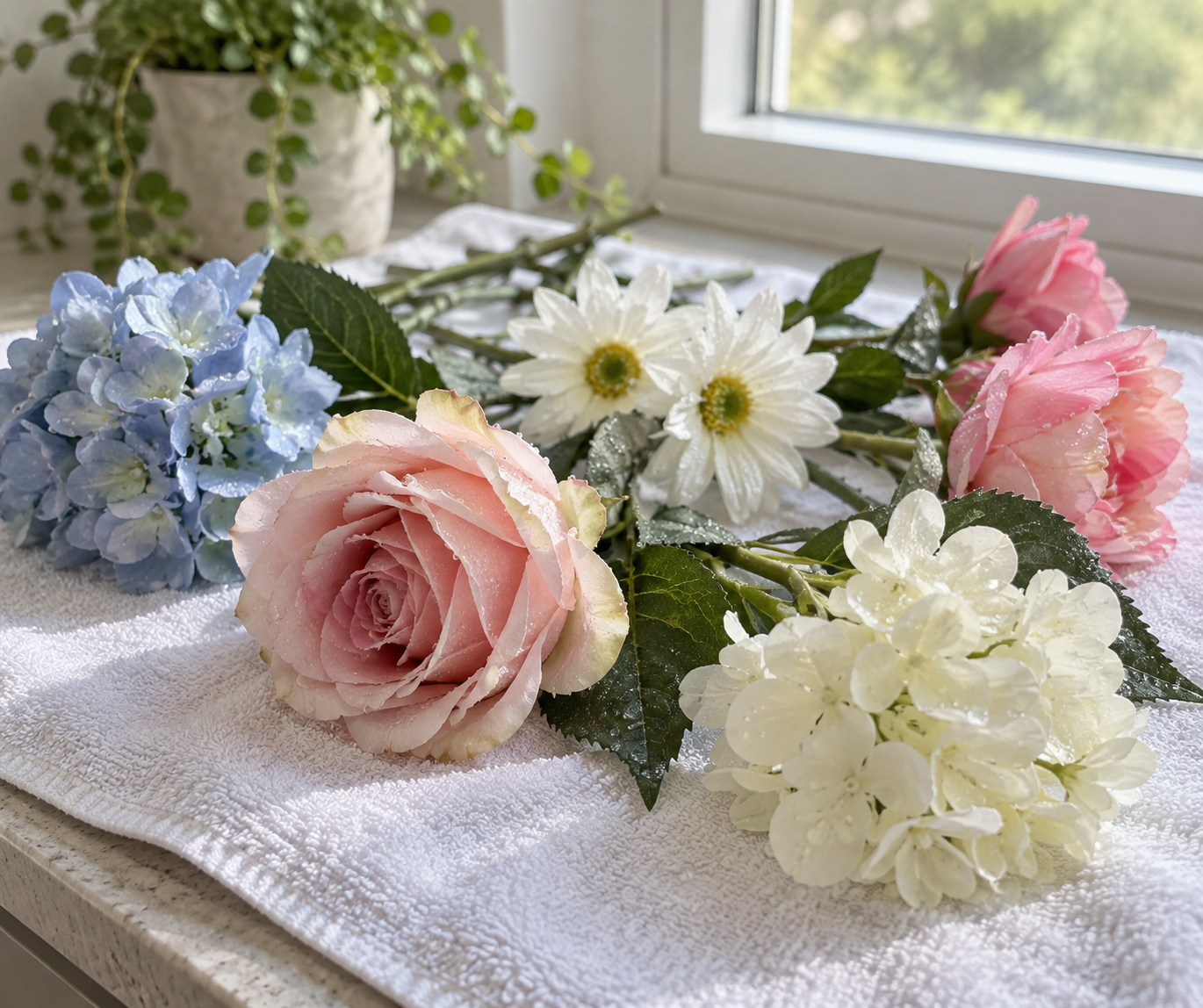 Artificial plastic flowers drying on a towel after rinsing