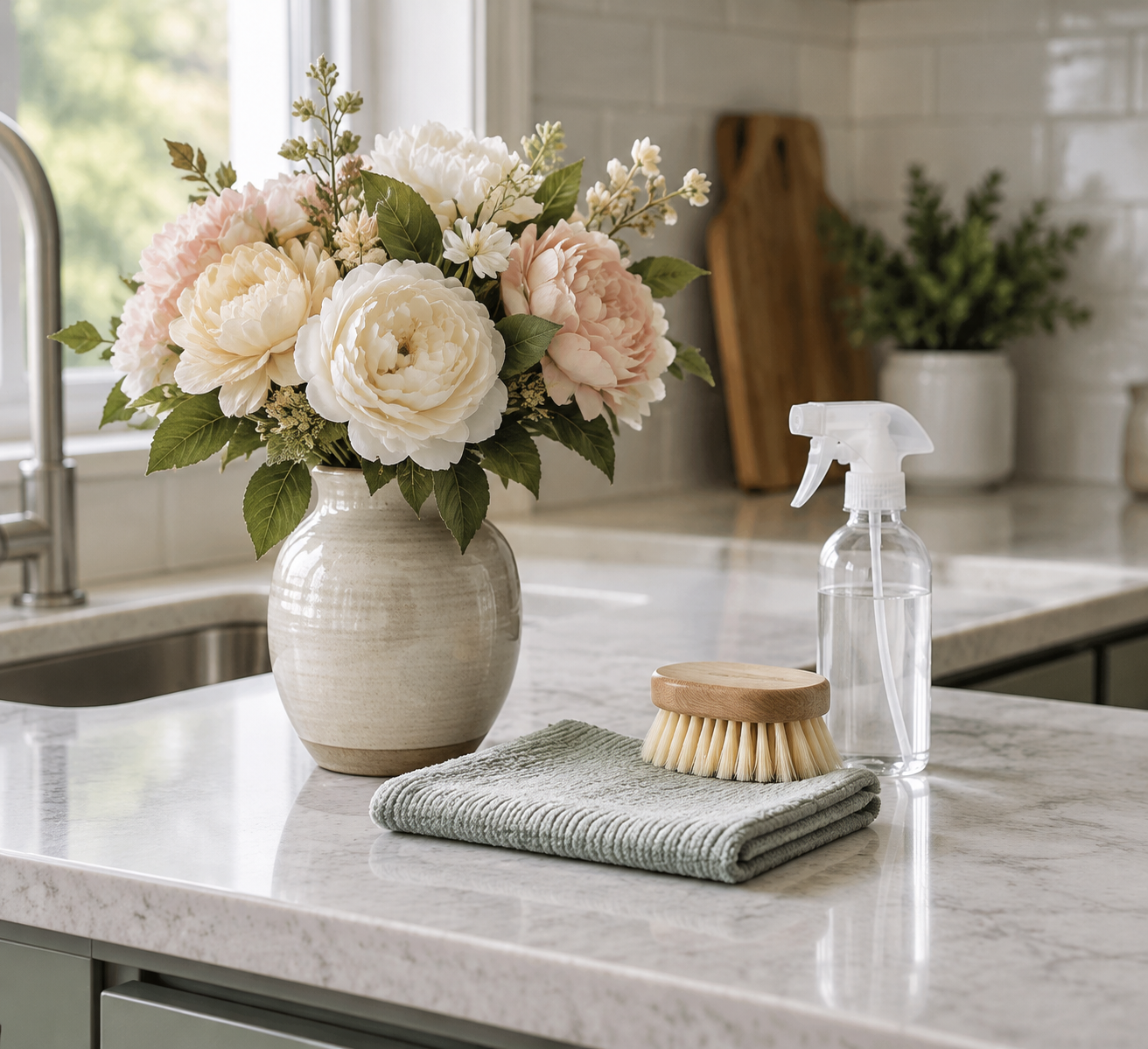 Artificial flowers beside a soft brush, cloth and spray bottle for cleaning