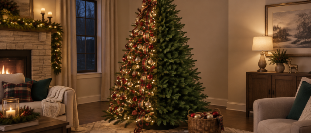 Half-decorated artificial Christmas tree showing ribbon draped before ornaments