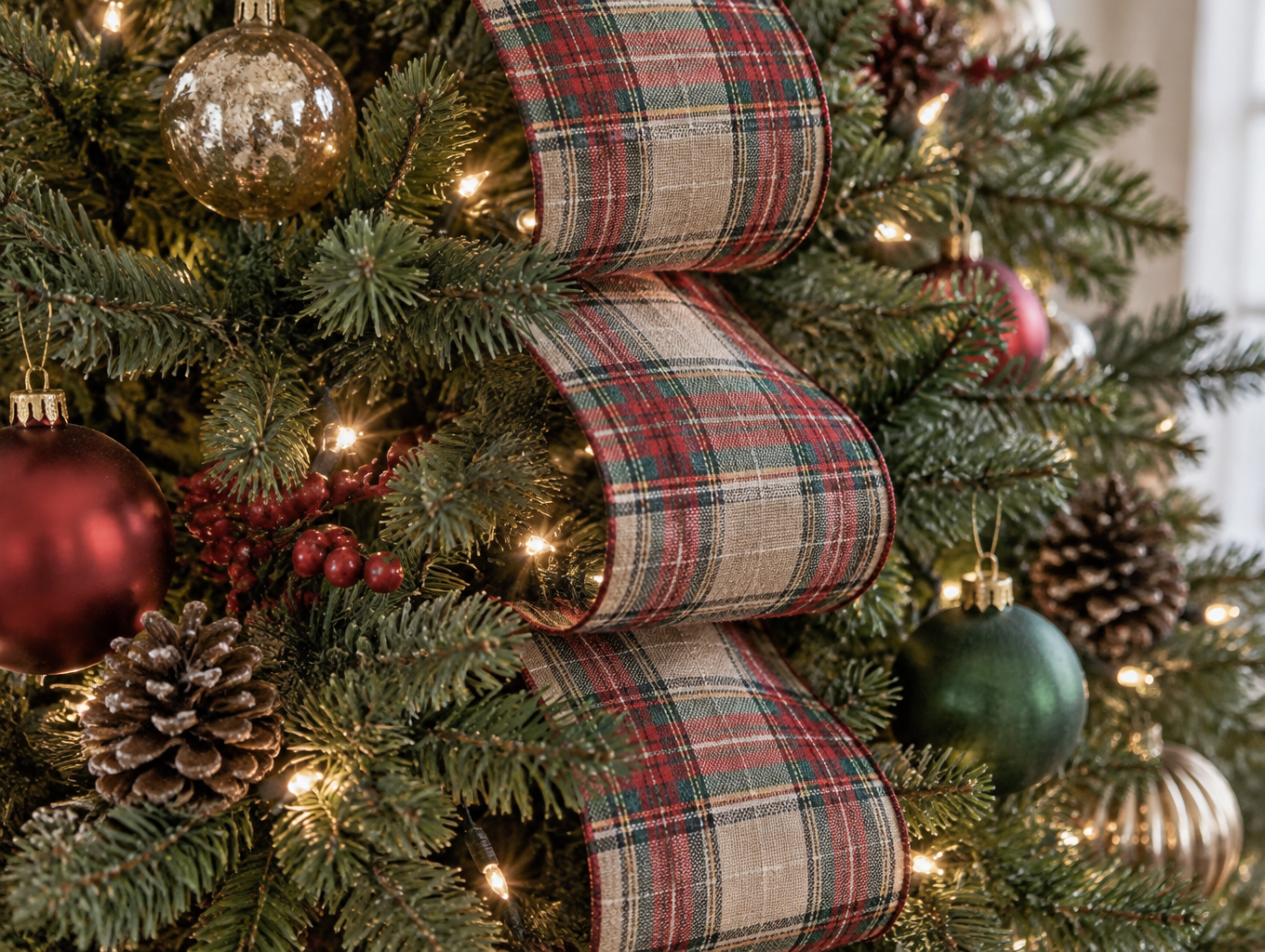 Wired ribbon woven into a Christmas tree in vertical cascades