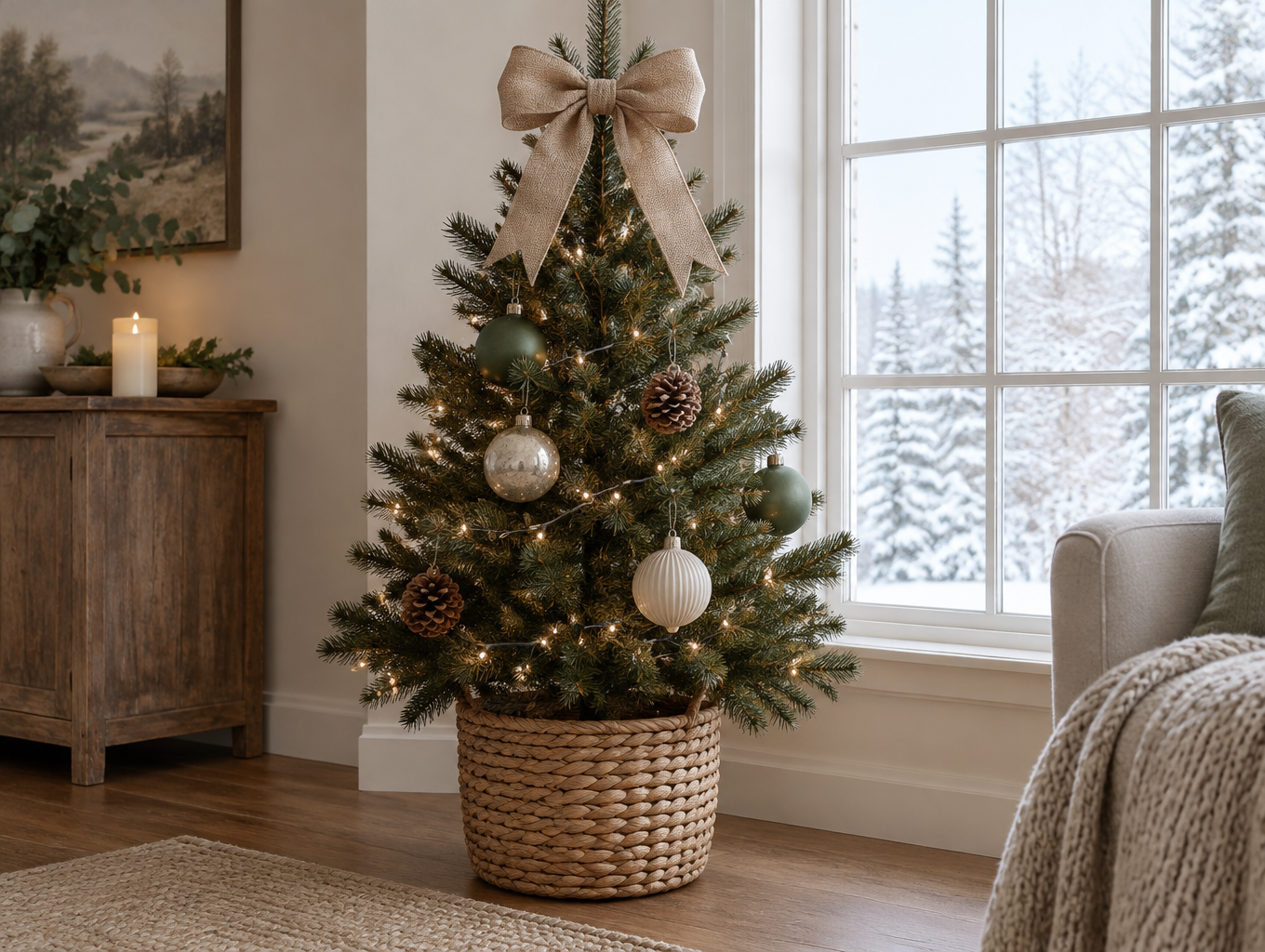 Small tabletop Christmas tree decorated with a few large ornaments and a bow topper