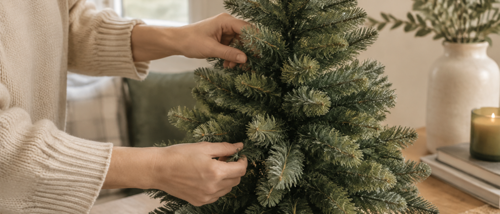 Hands bending out the branches of a small artificial Christmas tree into a full silhouette