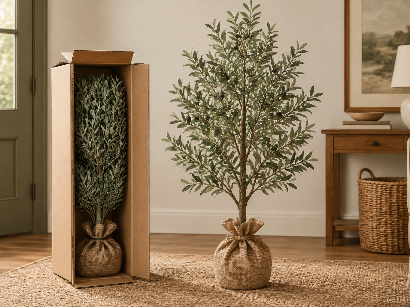 Small artificial tree shown compressed in its box beside the same tree fully fluffed