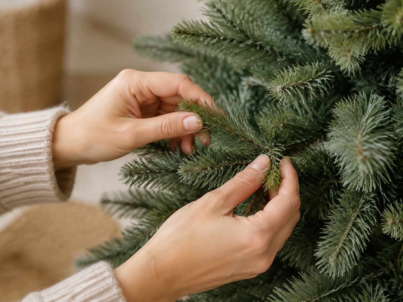 Close-up of fingers separating the tips of an artificial Christmas tree branch