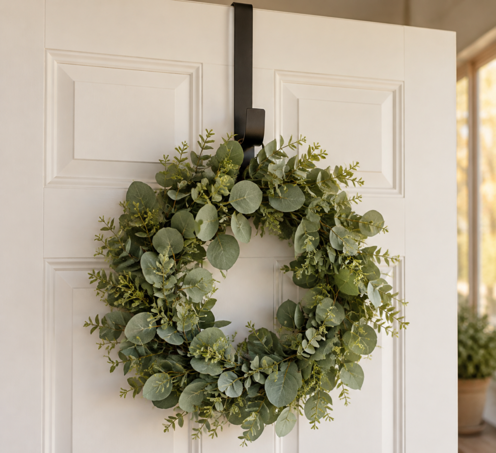 Over-the-door hook holding a green eucalyptus wreath on a white front door